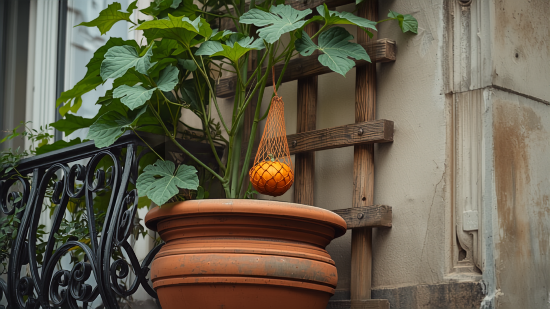 Pied de potimarron grimpant sur un treillis en bois, fruit orange soutenu par un filet suspendu, grand pot en terre cuite sur un balcon