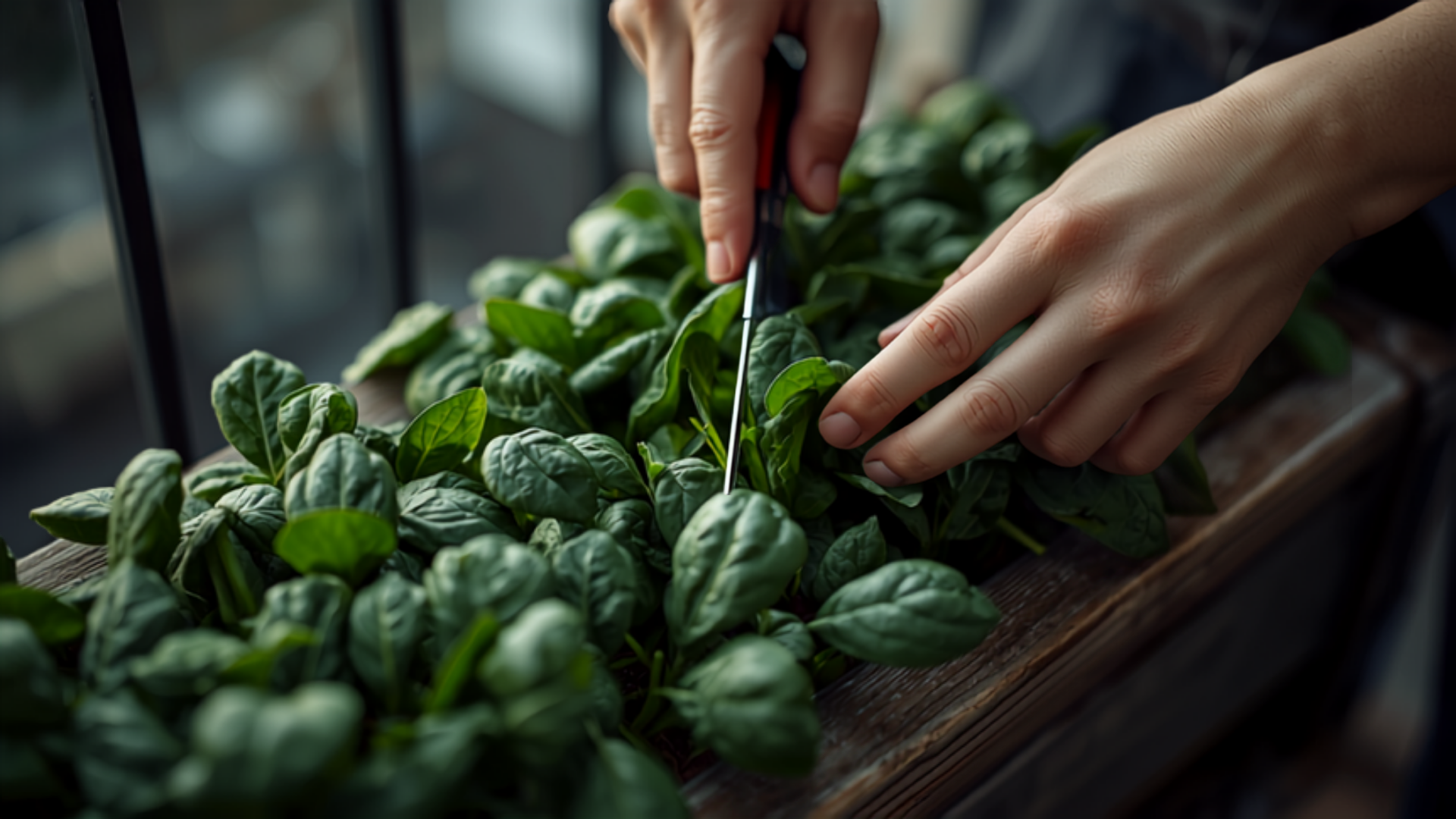 Mains récoltant des feuilles d'épinard vert foncé en coupant les feuilles extérieures d'un plant dans une jardinière de balcon